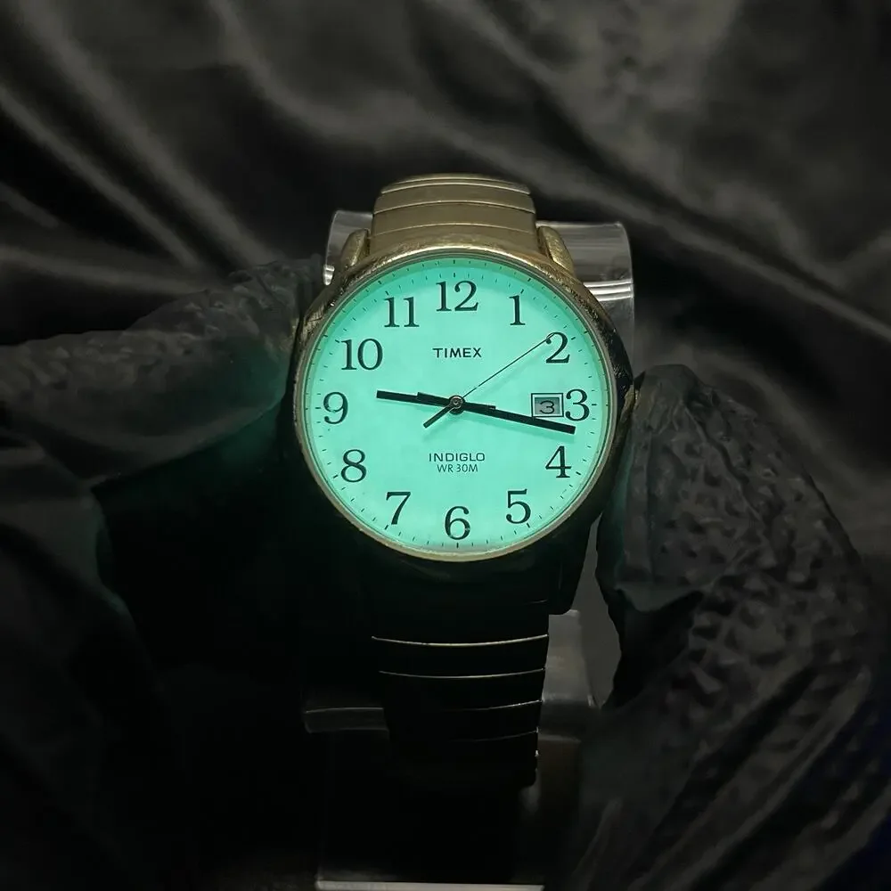 Timex Indiglo Quartz Watch Date Indiglo 30m Gold Tone SS 37mm New Battery